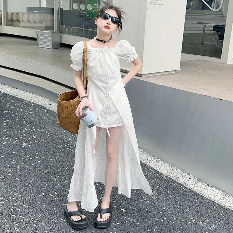 女童连衣裙夏季洋气公主裙中大童2025新款女孩夏时髦不规则燕尾裙