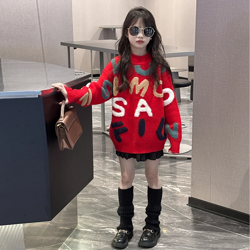 女童毛衣本命年红色秋冬款2025新款儿童女大童洋气加厚保暖针织衫
