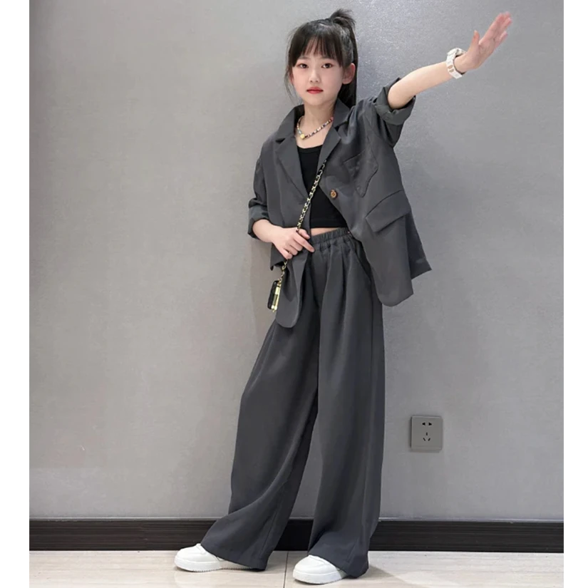 西服套装儿童休闲两件套外套2025春秋新款女大童小女孩时髦宽松