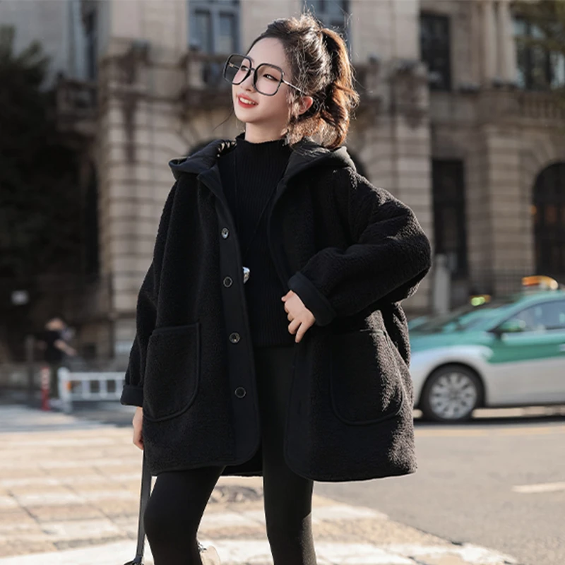 女童秋冬款外套儿童洋气时髦加绒加厚女大童冬季中长款黑色毛毛衣