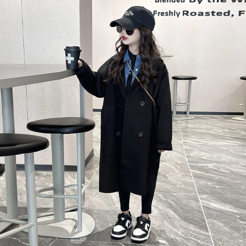 女童毛呢外套2025新款大童休闲秋冬双面绒大衣儿童中长款呢子风衣