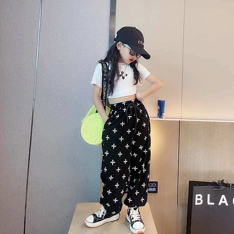 女童裤子夏季女大童时髦宽松束脚裤薄款夏装防蚊裤夏款休闲两件套