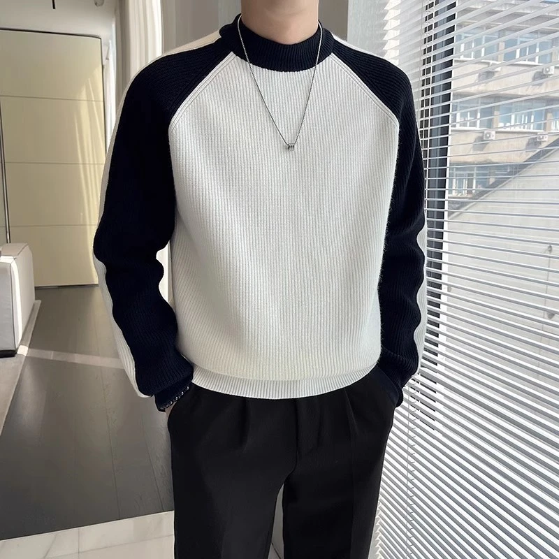 2025秋冬新款圆领套头毛衣男拼接撞色针织打底衫潮流男装内搭上衣