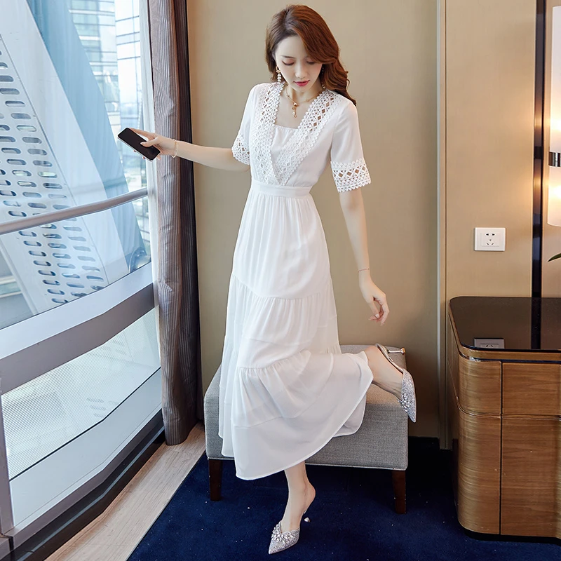 ML371#夏装2023新款雪纺连衣裙气质仙气长裙时尚白色收腰裙子法式