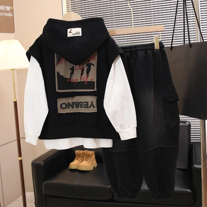 儿童连帽马甲两件套男童春秋装套装2024新款中大童卫衣宽松百搭帅