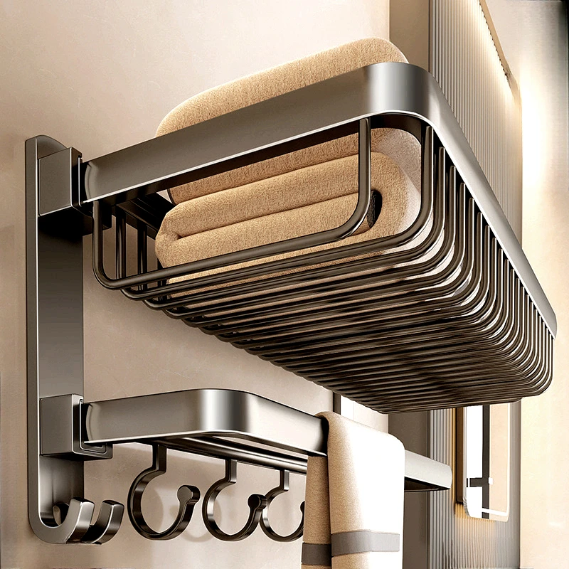 枪灰免打孔毛巾架太空铝卫生间浴室浴巾置物架壁挂折叠洗手间收纳