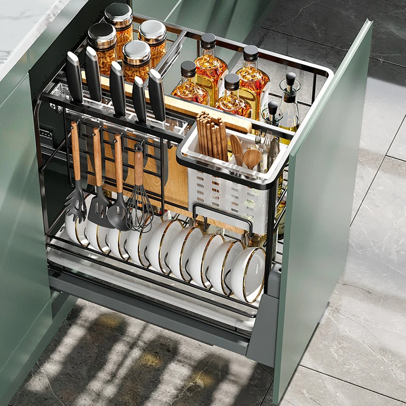 304不锈钢调味拉篮厨房橱柜柜内双层抽屉式厨柜调料轨道收纳碗厂