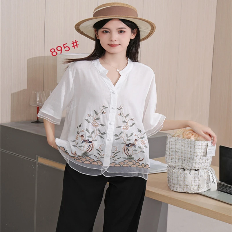 夏季新款女装大码刺绣花半袖衬衫女V领宽松棉麻上衣衬衣