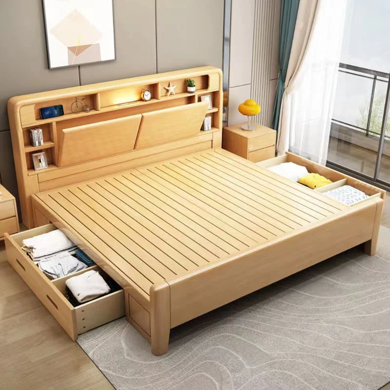 北欧实木床1.8带夜灯双人大床1.5m简约现代小户型卧室储物床主卧