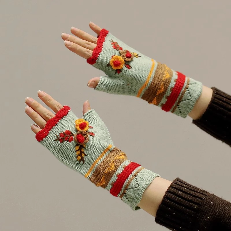 高级感针织露半指手工刺绣手套 复古老式针织立体花朵古着vintage