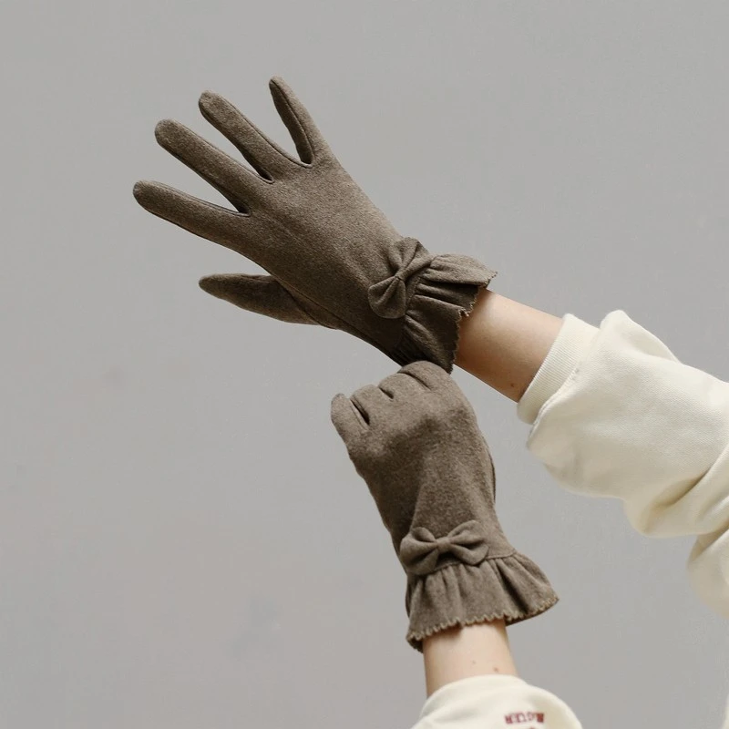舒适显瘦冬天保暖韩版春秋季触屏手套简洁雅致淑女蝴蝶结轻薄款棉