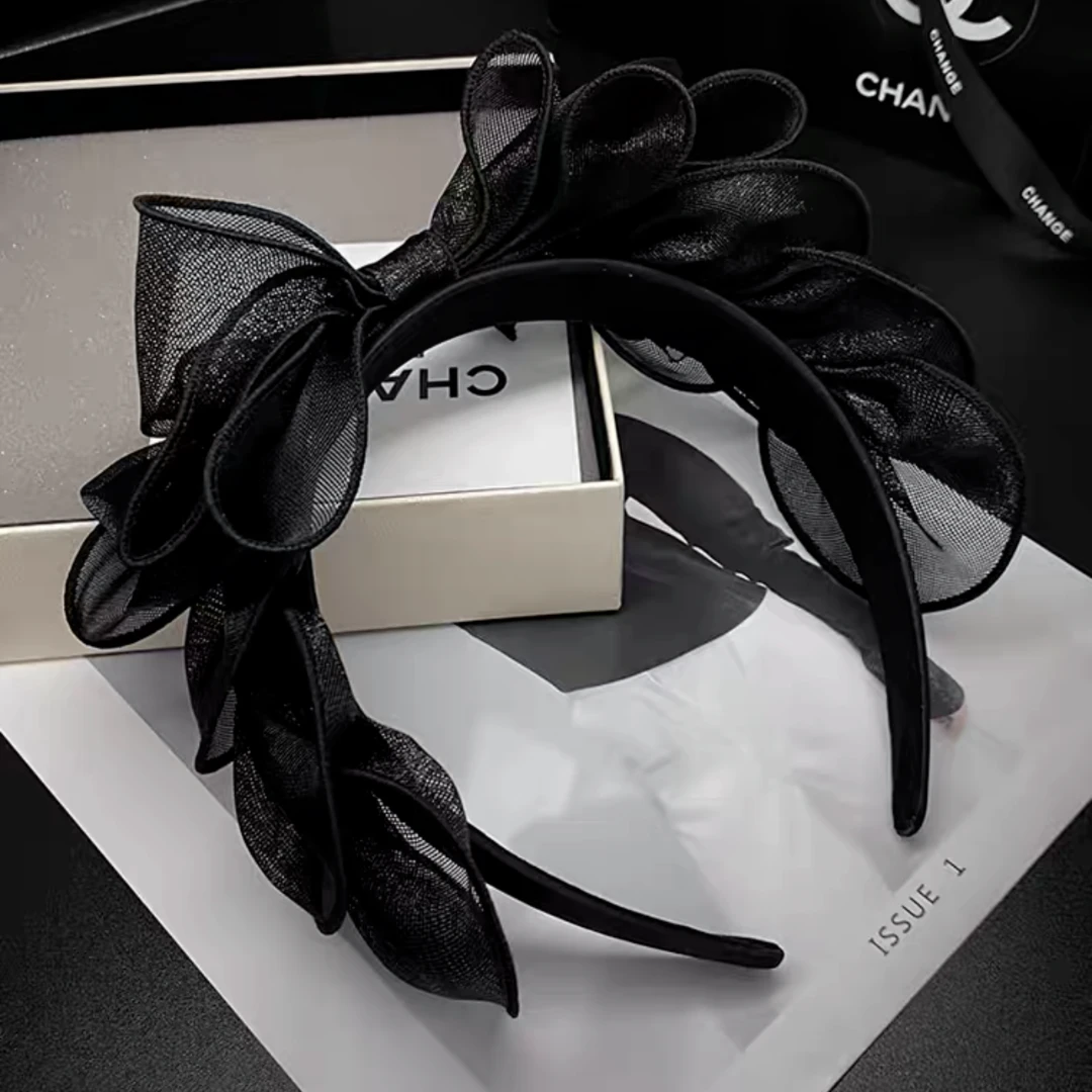 网红复古百搭时尚通用外出法式气质韩版黑色网纱大蝴蝶结发箍发饰