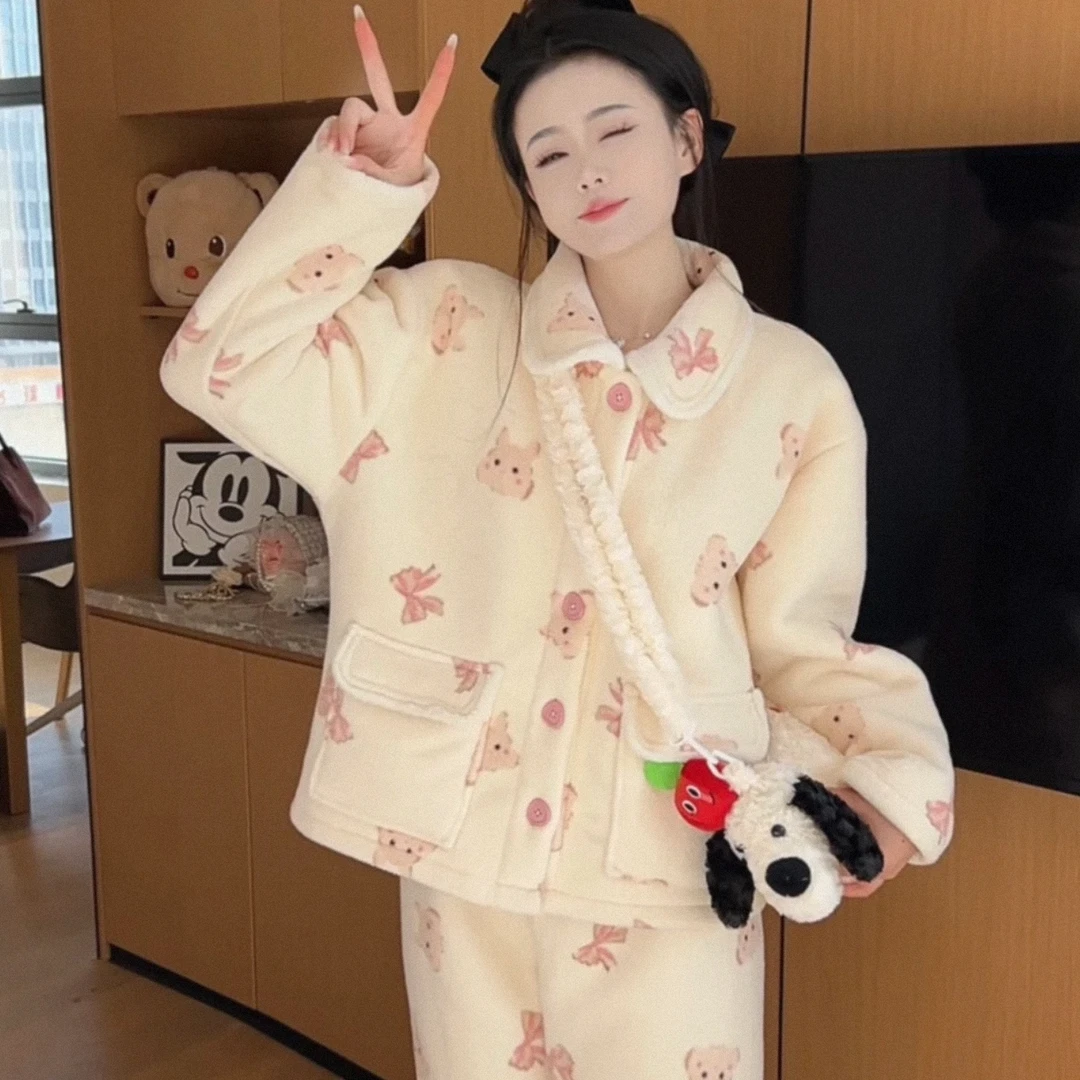 （软软兔 ）冬季保暖北极绒加厚翻领睡衣女家居服可外穿休闲显瘦