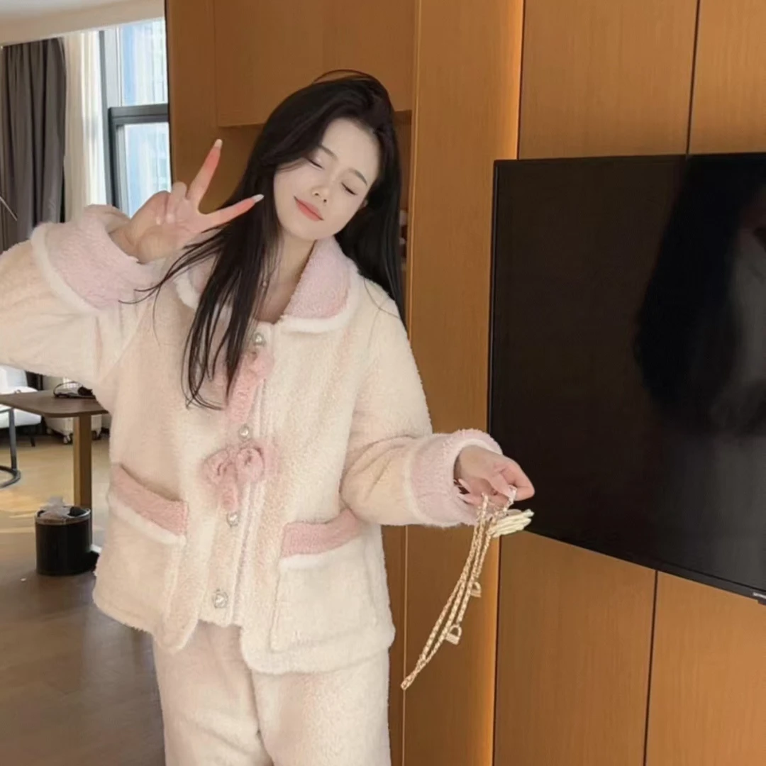 卡唛儿（瑶瑶）冬季气质简约显瘦加厚毛绒绒保暖睡衣女休闲可外穿