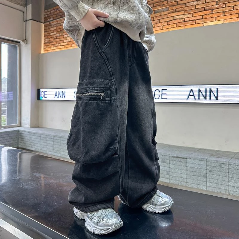 男童加绒裤子秋冬款2025新款大儿童冬季一体绒工装牛仔裤加厚帅气