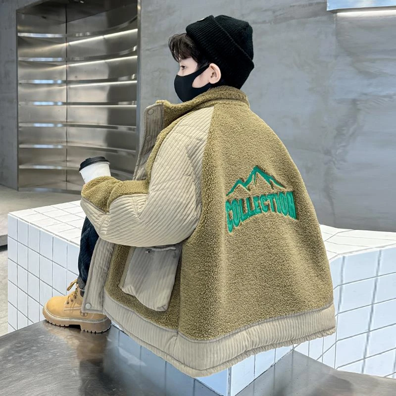 儿童装男童加绒外套秋冬款2025新款加厚摇粒绒夹棉大童冬季羊羔绒