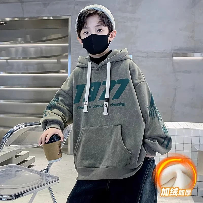儿童装男童加绒卫衣秋冬款2025新款男孩冬季中大童冬装加厚连帽潮
