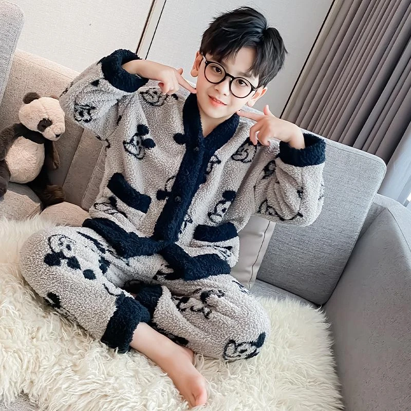 儿童装男童睡衣秋冬款家居服中大童法兰绒加绒加厚男孩冬季珊瑚绒