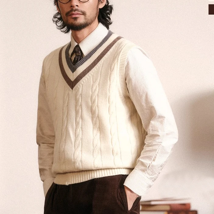 秋冬季新款休闲无袖V领针织背心男装英伦风复古风坎肩内搭马甲男