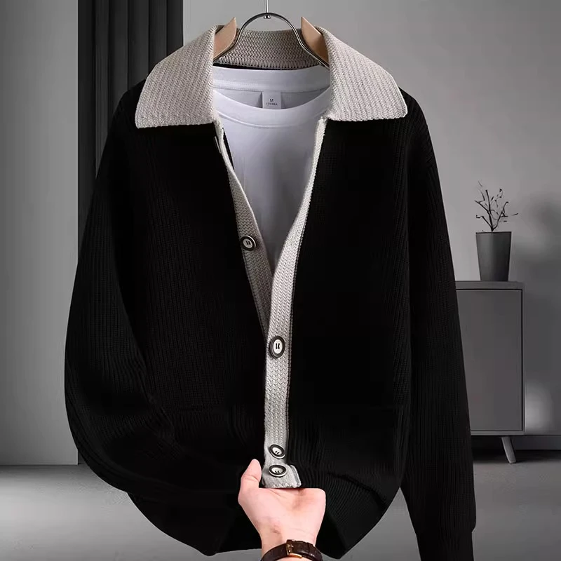 秋冬新款翻领撞色针织开衫外套男士高端休闲百搭轻熟风假两件毛衣