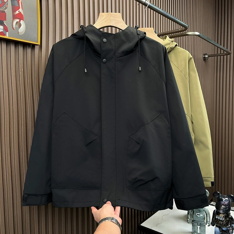 2024秋冬季新款工装连帽冲锋衣夹克男士潮流加厚户外防风保暖外套