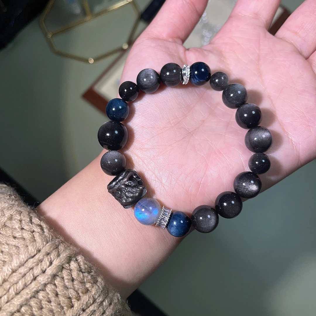 黑曜石醒狮手串天然高品质银耀石蓝光灰月光石设计手链高级感礼物