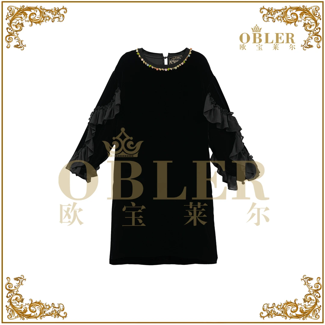 欧宝莱尔2025法式风立体刺绣丝绒连衣裙长袖短款305-249909