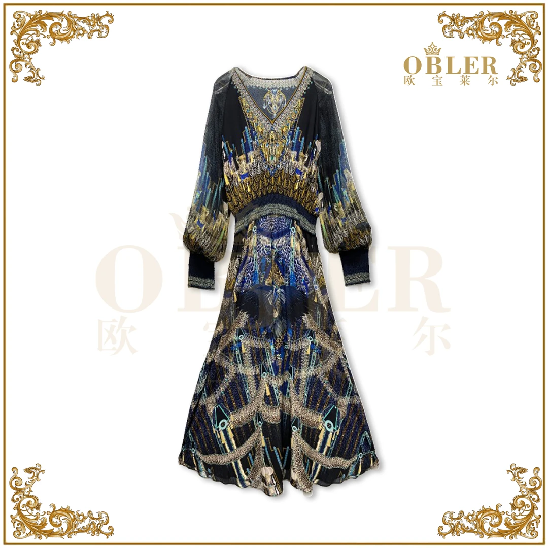 【孔雀翎】OBLE欧宝莱尔2025新款时尚气质收腰真丝连衣裙230302女装