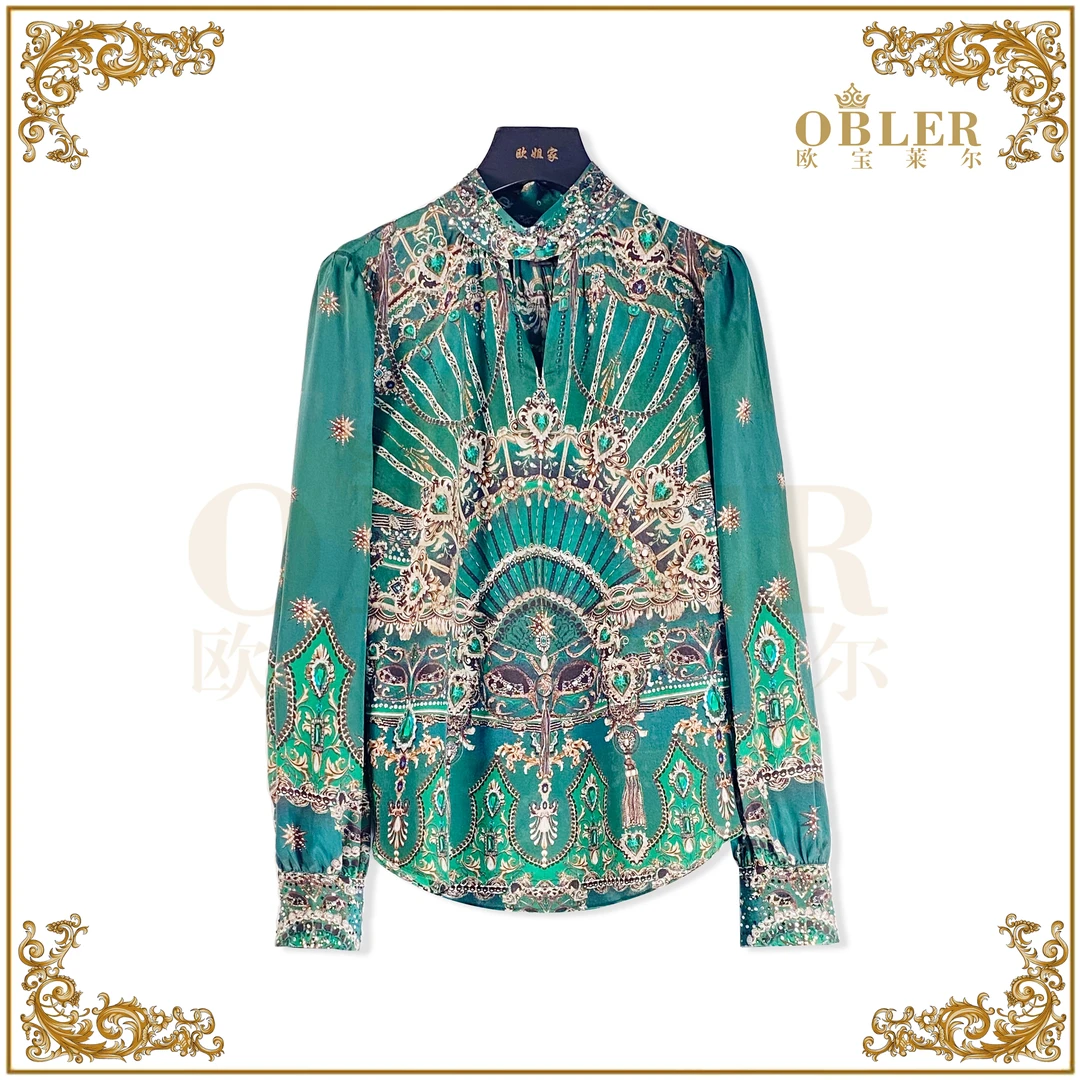 OBLE2024新款时尚气质轻奢百搭复古长袖真丝上衣 305-24392