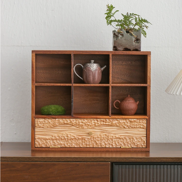 胡桃木+白蜡创意多宝阁收纳柜复古客厅中式格子储物柜办公多格