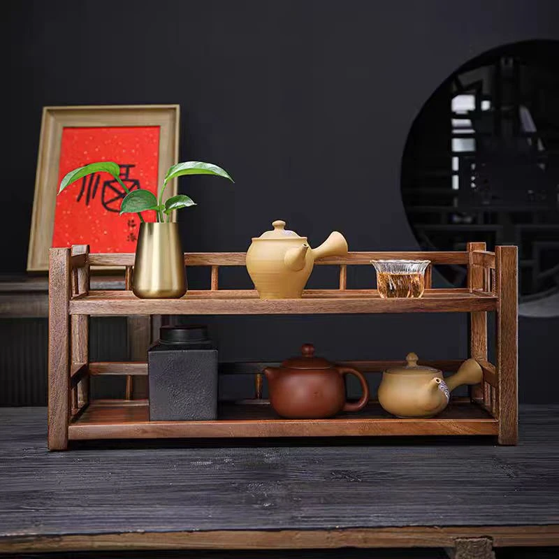 胡桃木双层置物架杯架新中式客厅办公烧水茶柜茶边柜