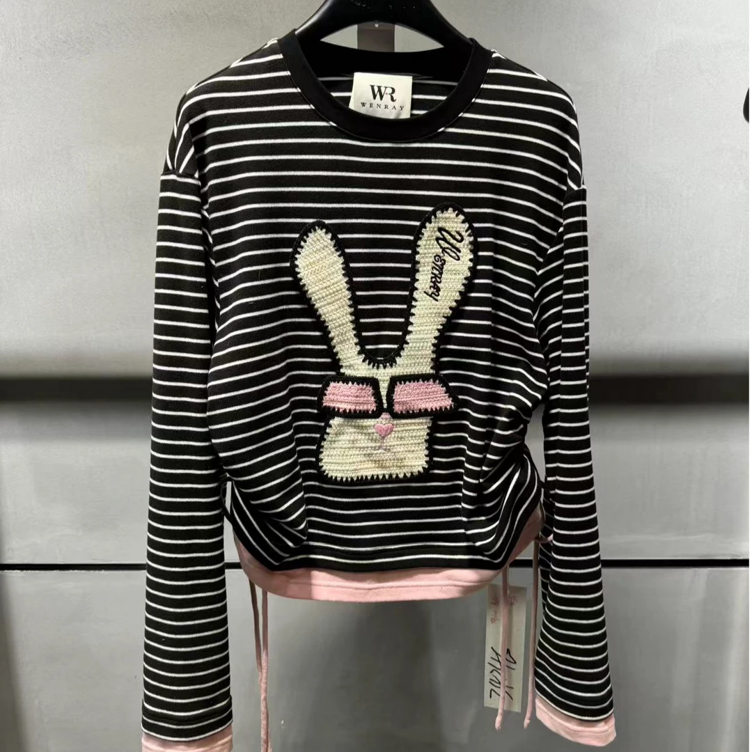 【ZHIXIAO】秋冬新款：小众假两件条纹抽绳设计上衣34246