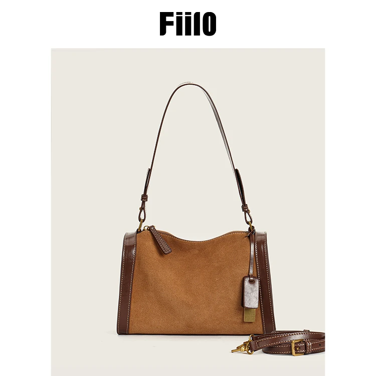 【Fiilo菲洛高奢】Q22复古翻毛皮美拉德棕色双面牛皮波士腋下斜挎包