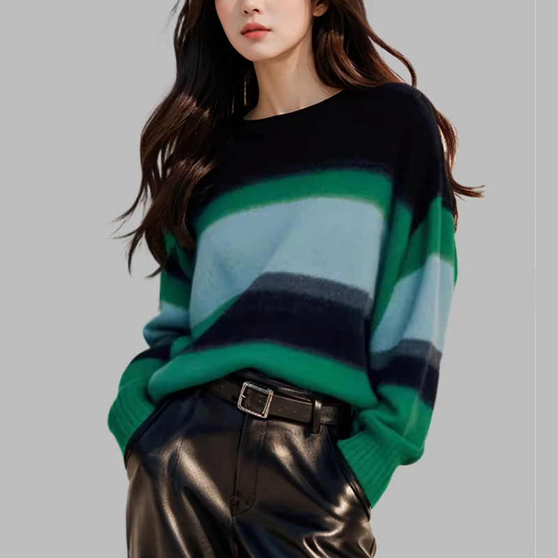 2025早秋季穿搭慵懒风毛衣女时尚设计感简约百搭撞色条纹针织上衣