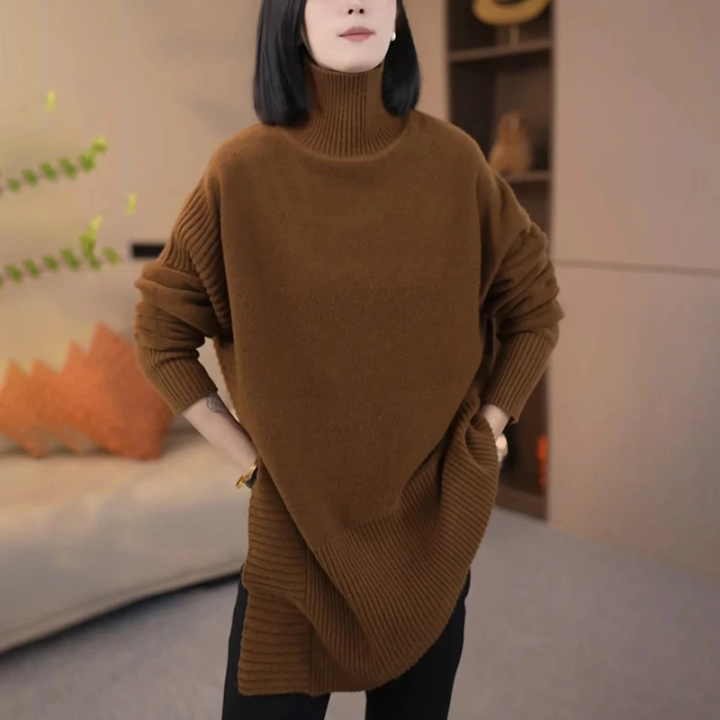 女士高领毛衣秋冬慵懒风宽松中长款遮屁股洋气减龄外穿针织衫上衣