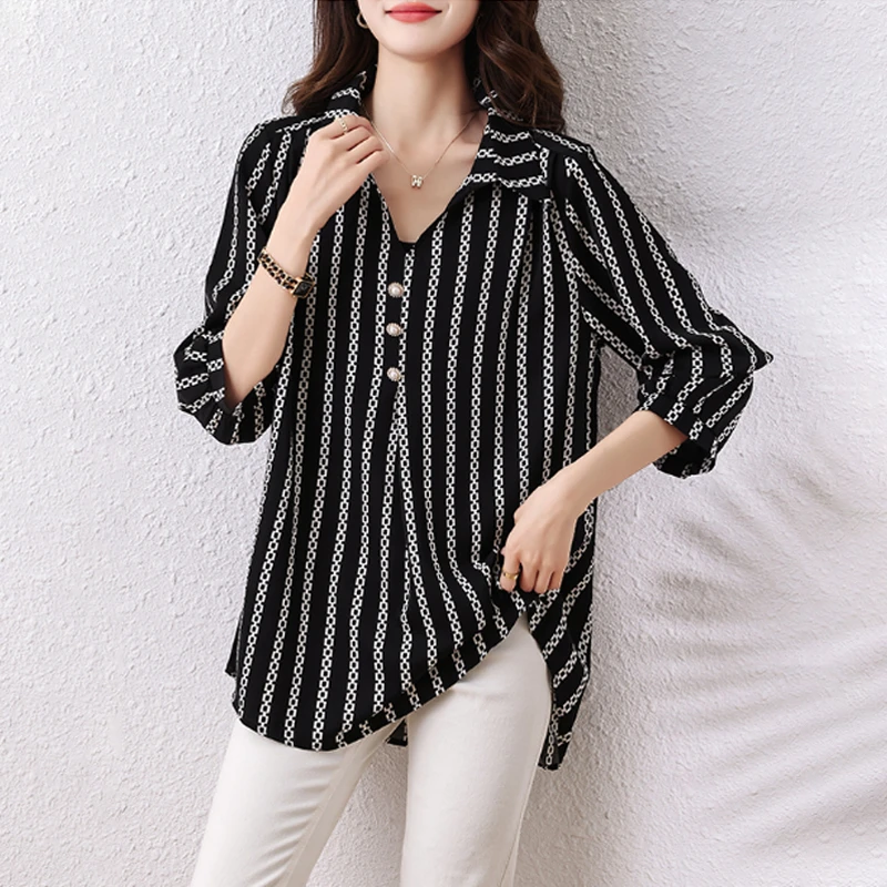 时尚条纹衬衫女士2025秋季新款大码宽松休闲减龄洋气设计感小衫