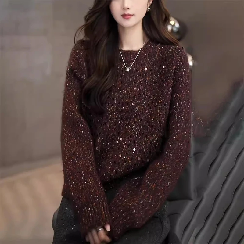 女士重工亮片毛衣秋冬慵懒风宽松加厚洋气减龄圆领外穿针织衫上衣