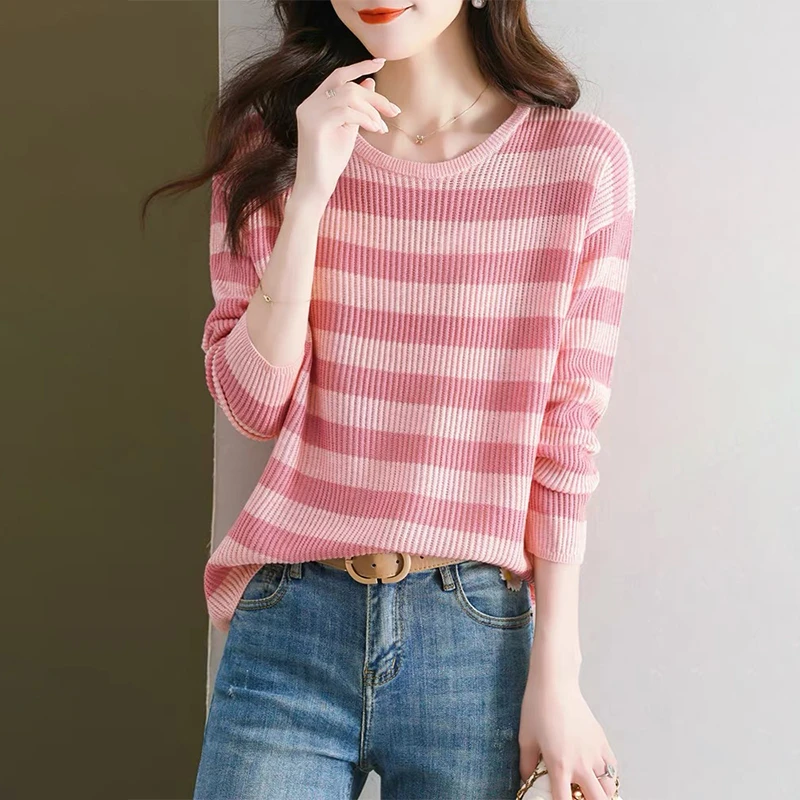 时髦洋气条纹长袖针织衫女2025秋季新款大码宽松休闲显瘦打底衫