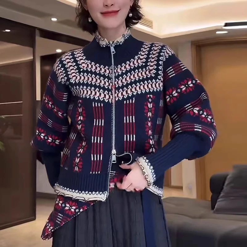 费尔岛拉链毛衣外套女士秋冬设计感复古提花条纹针织开衫外穿上衣