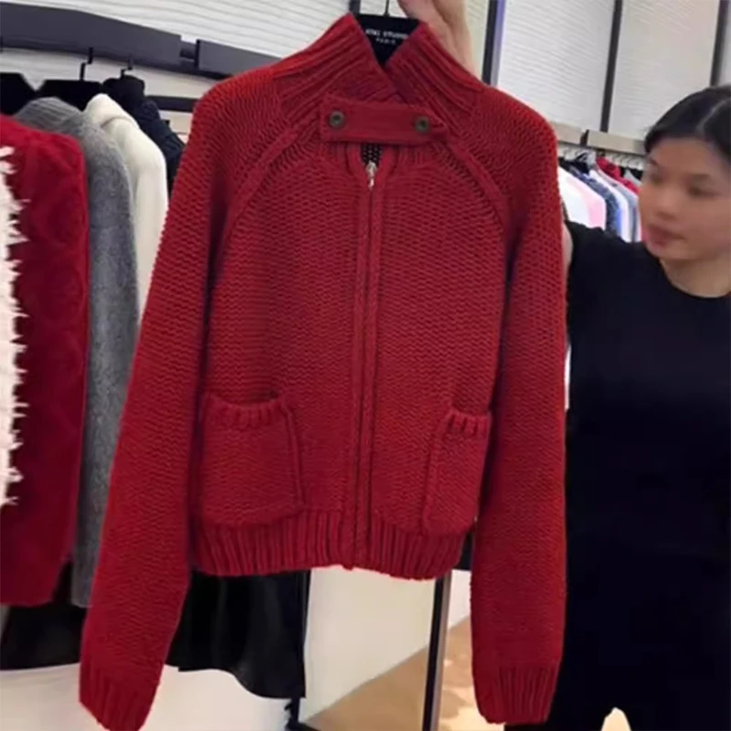 新年圣诞红色毛衣外套女秋冬2025新款高级感高领拉链针织开衫上衣