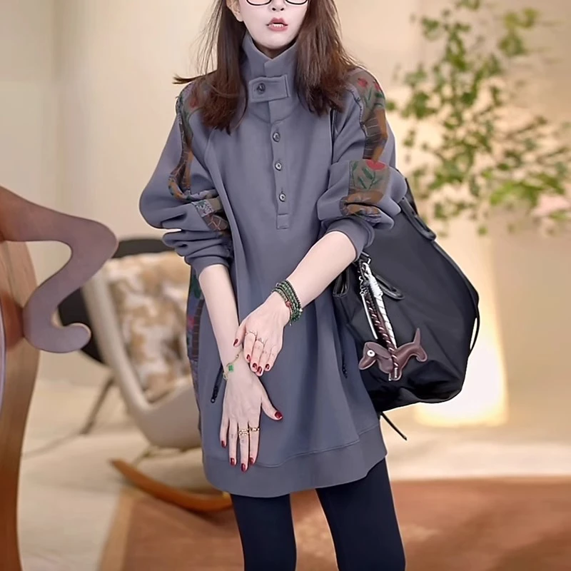 灰色高领卫衣女士秋冬时尚宽松显瘦加绒加厚大码中长款遮屁股上衣