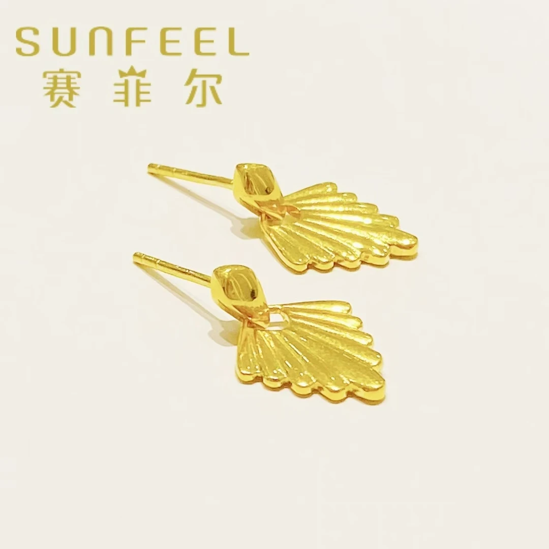 SUNFEEL/赛菲尔万足®足金扇形直针耳饰实心黄金精致百搭款