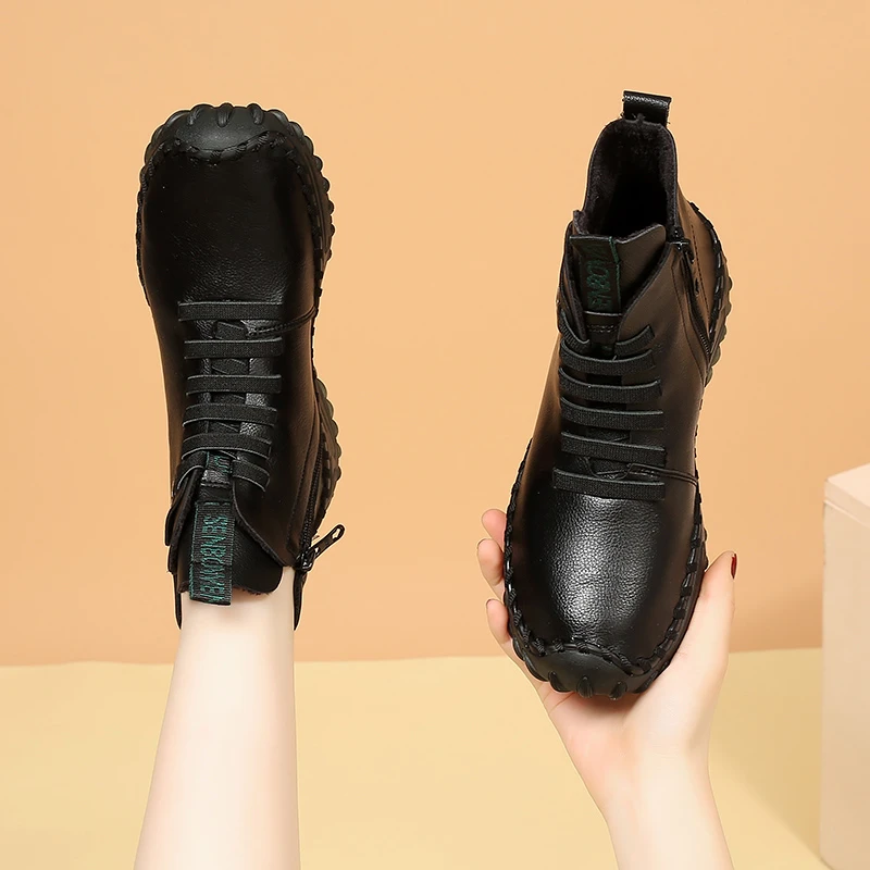 纯手工妈妈鞋女鞋软底休闲百搭加绒平底高帮厚底秋冬2310防滑时尚