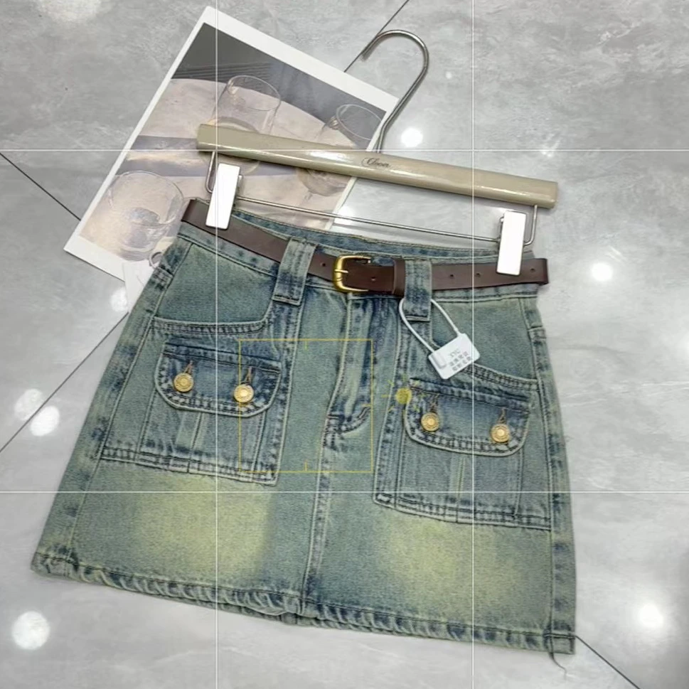 2024年春装新款高腰复古辣妹百搭牛仔A字短裙（没有腰带）#3015
