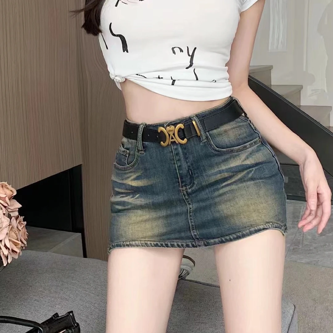 复古做旧牛仔短裙女秋高腰显瘦辣妹a字包臀裙弧形边ins潮#3708