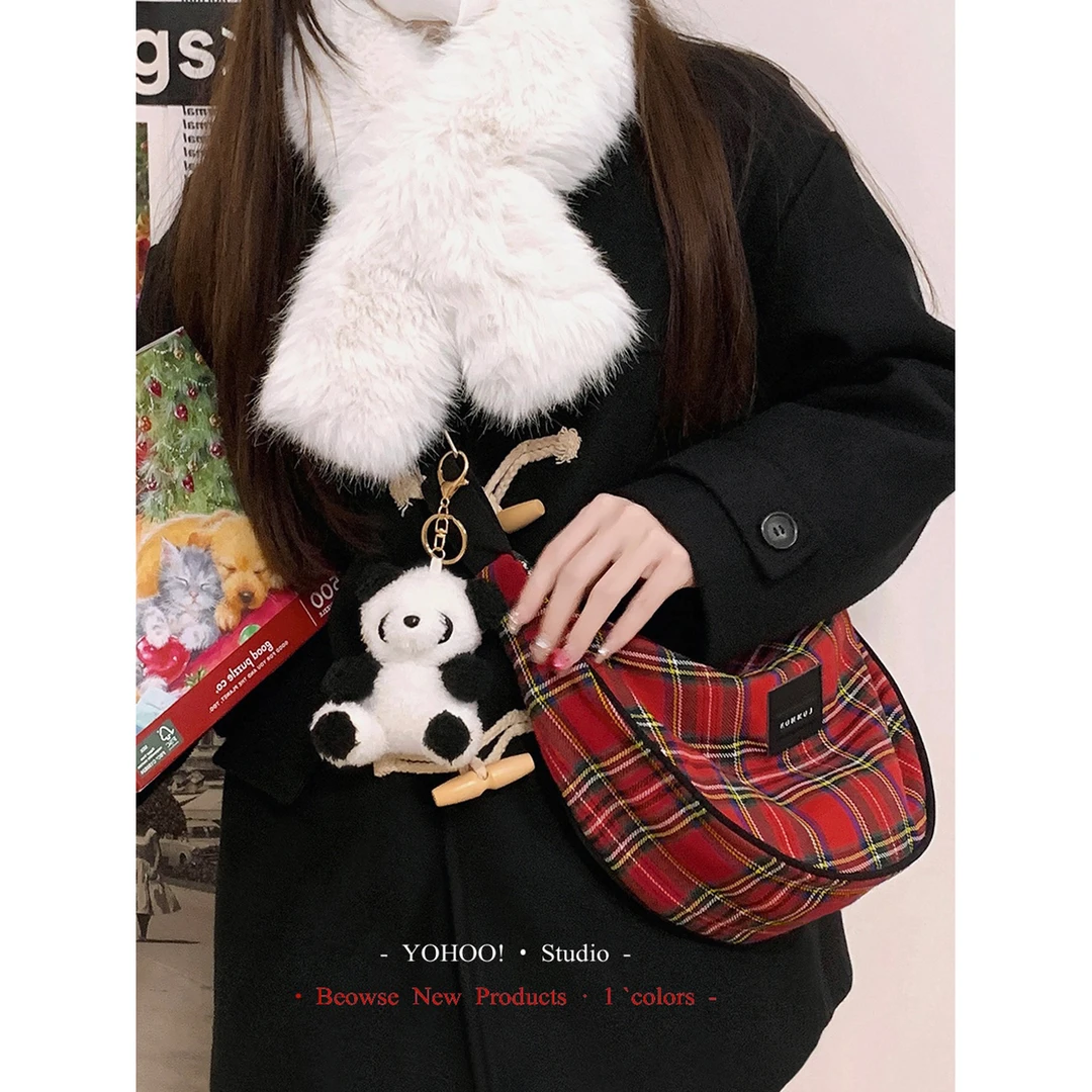 YOHOO!/ins韩风红色格子新年圣诞斜挎小包包女单肩帆布饺子包秋冬