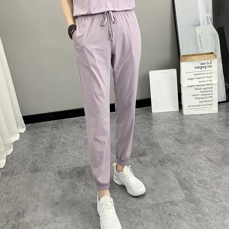 冰丝速干运动裤女夏季薄款高个子纯色宽松束脚高弹哈伦休闲九分裤