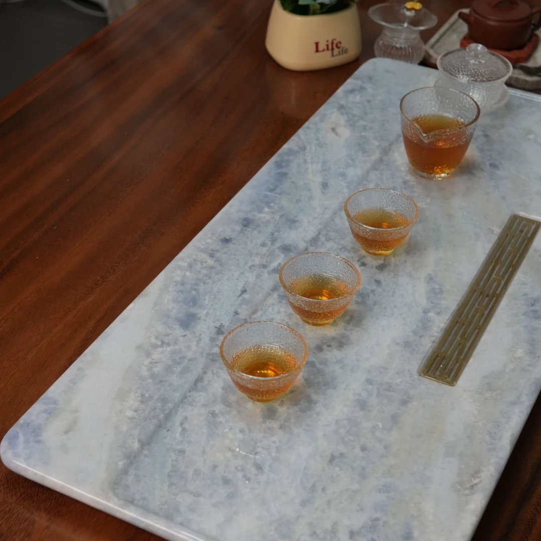 大千石界蓝水晶天然奢石茶盘双层干湿两用干泡台茶盘干泡盘轻奢