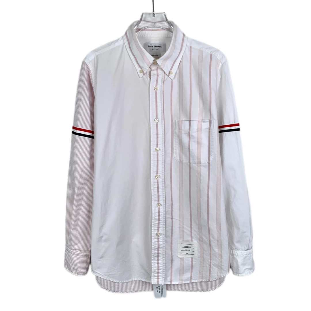 000294 Thom Browne tb 经典双袖标条纹拼接翻领棉质衬衫S码99新