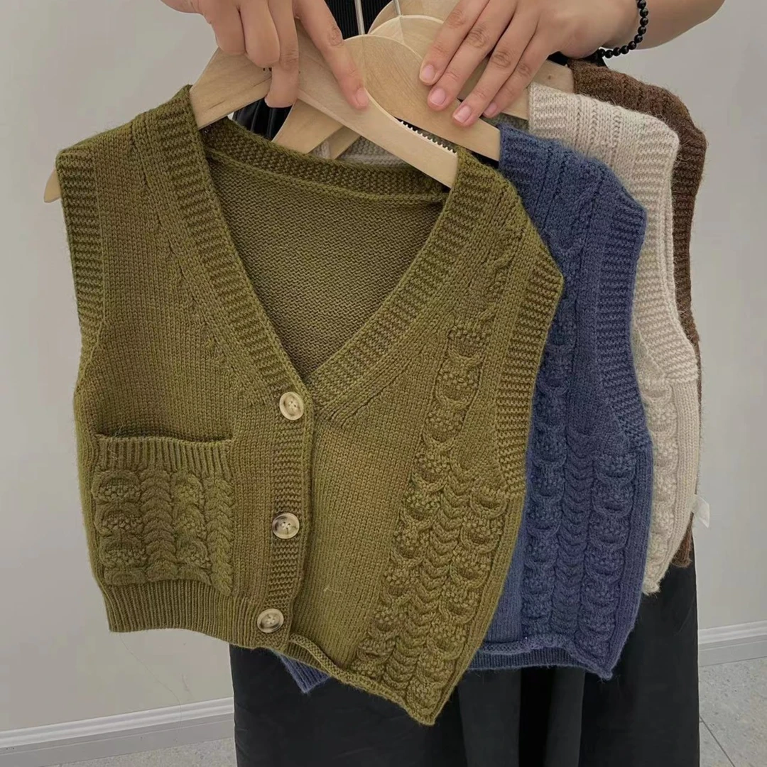 春秋原创新款网红韩版单口袋绞花毛衣背心马甲男女童时尚ins毛衣